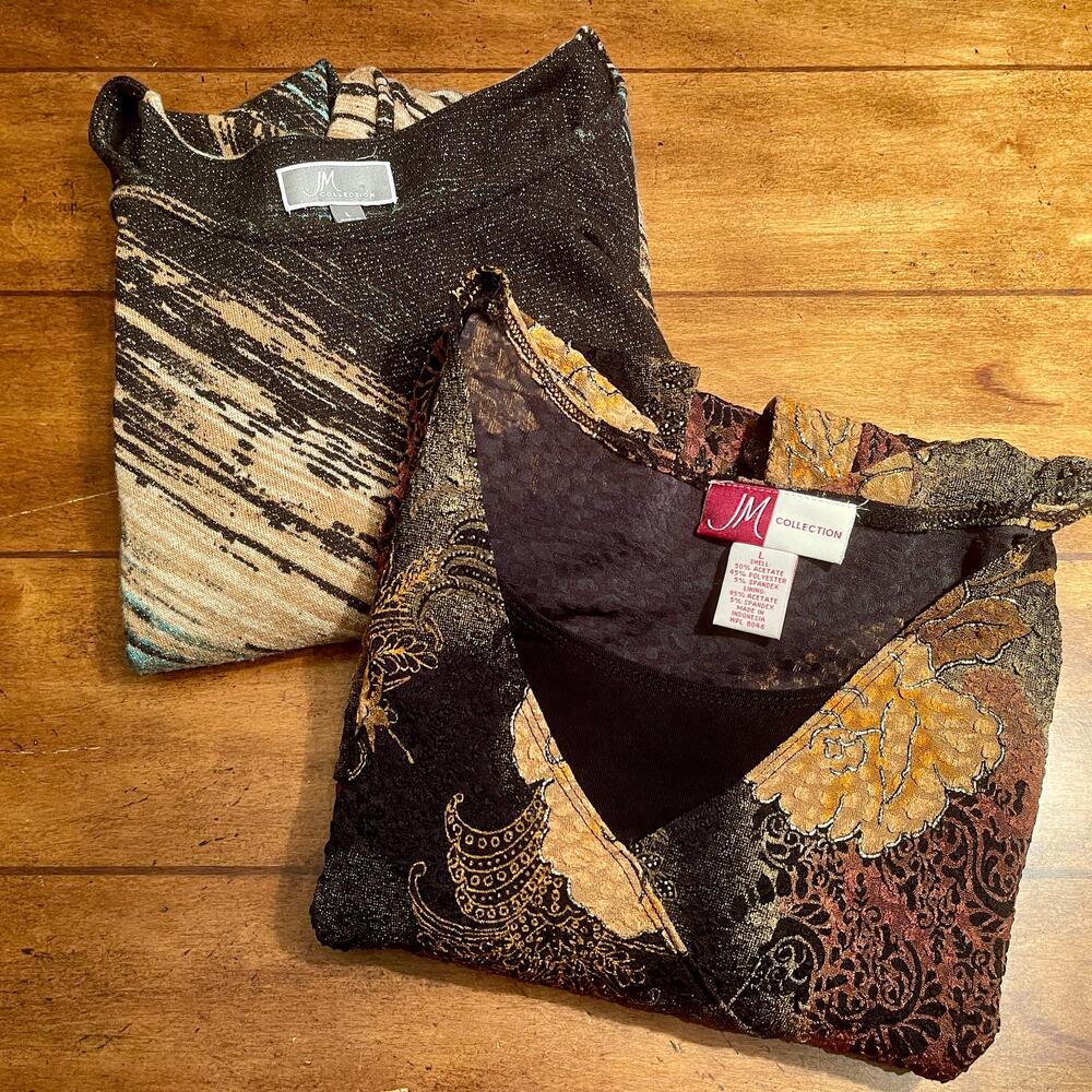 2 Different JM Collection Pullover Tops Womens Sz L Multicolor + Glitter R8A33